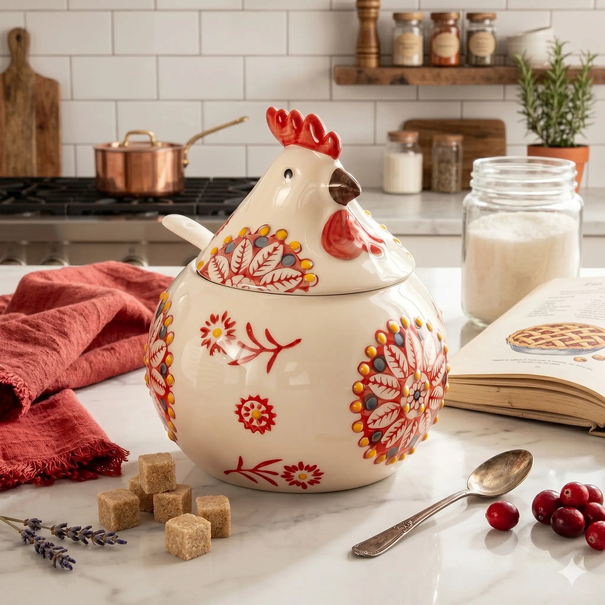 A red rooster-shaped jar with a spoon sits on the kitchen table.