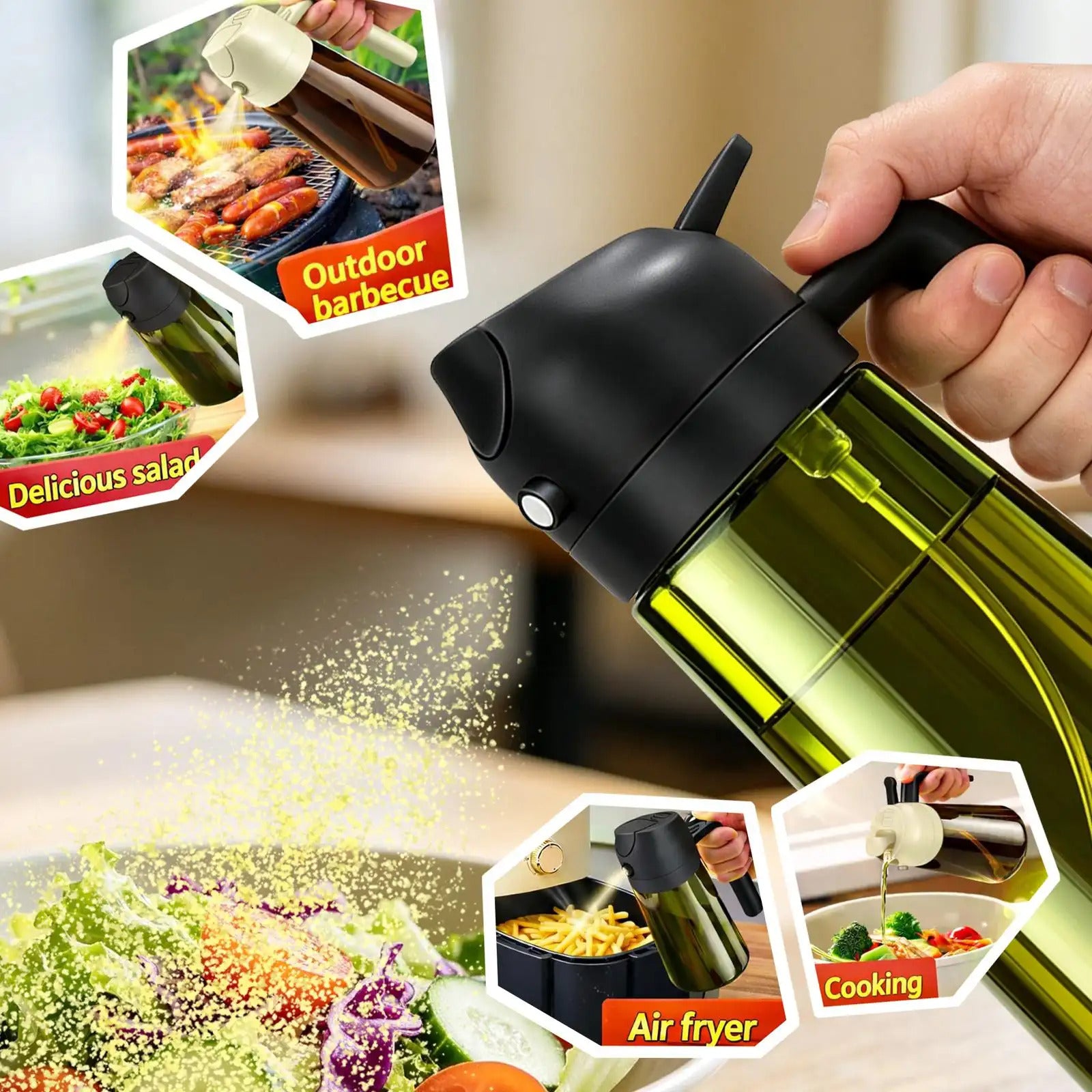 Two-in-one dark green spray bottle/oil pouring bottle