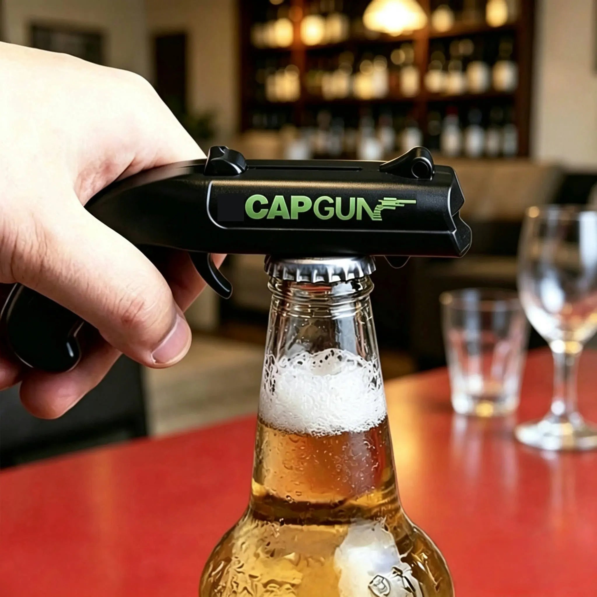 Fonvo red and black bottle opener with spring mechanism, made of stainless steel and ABS plastic for kitchen and bar use