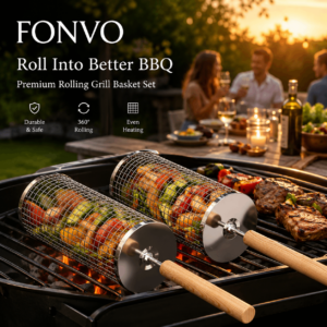 FONVO rolling grill basket set cooking vegetables shrimp chicken and meat on outdoor charcoal BBQ grill