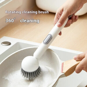 Fonvo 6-in-1 dish brush rotating scrub feature. Detergent dispenser, adjustable angle, wall mount. Ideal for kitchen cleaning and pots