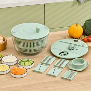 Fonvo 3-in-1 salad spinner with vegetable washing bowl, lettuce strainer, and 5-blade slicer for efficient salad preparation
