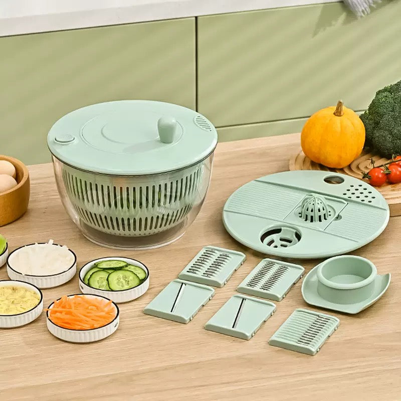 Fonvo 3-in-1 salad spinner with vegetable washing bowl, lettuce strainer, and 5-blade slicer for efficient salad preparation