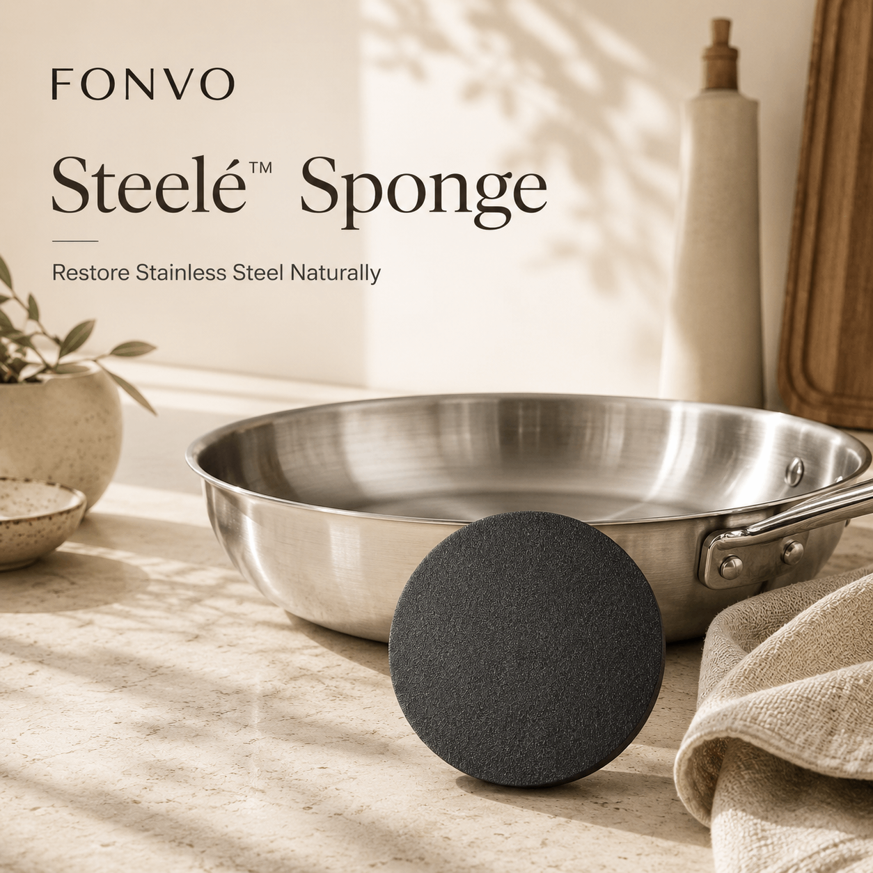 FONVO Steelé Sponge cleaning stainless steel cookware naturally in a luxury European kitchen setting with warm sunlight, soft linens, and premium home aesthetics.
