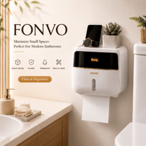 FONVO toilet roll holder with storage shelf mounted beside toilet in modern Scandinavian bathroom